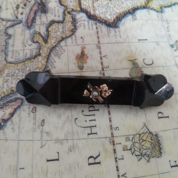 ❤️Antique 14k Seed Pearl Black Onyx Mourning Pin Victorian Brooch 16 Grams